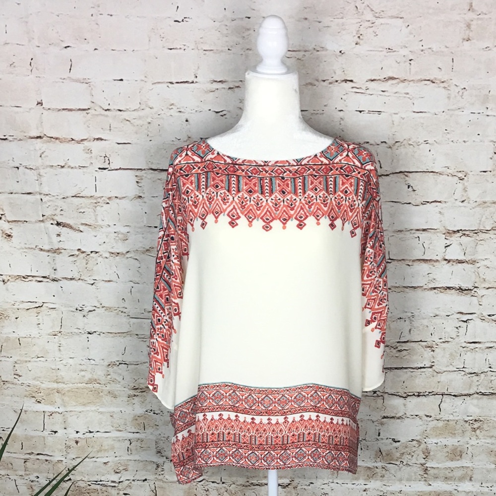 Rose and Olive Cream and Red  Print Top Blouse